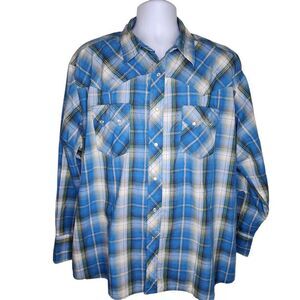 Vintage 90s Wrangler Western Shirt Mens Size 2XL Blue Plaid Pearl Snap